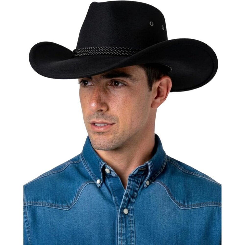 Men's Black Western Suede Wide Brim Braided Band Classic Fedora Cowboy Felt Hat